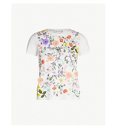 Shop Alice And Olivia Rylyn Embellished Floral-embroidered Cotton T-shirt In White/multi