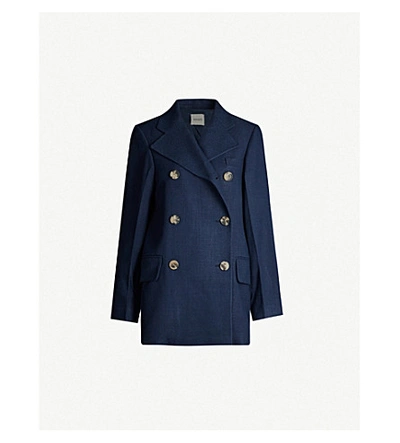 Shop Khaite Clara Double-breasted Woven Blazer In Navy