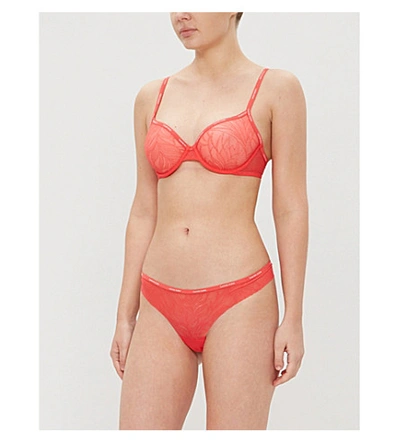 Shop Calvin Klein Sheer Marquisette Lace Thong In Lfx Fire Lily