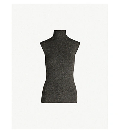 Shop Brunello Cucinelli Sleeveless Turtleneck Metallic Fine-knit Jumper In Grey