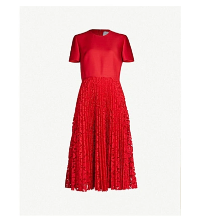 Shop Valentino Lace-panelled Wool And Silk-blend Midi Dress In Red