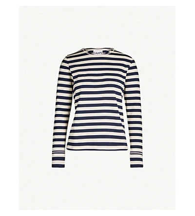 Shop Ganni Striped Round-neck Cotton-jersey Top In Nature/dress Blues