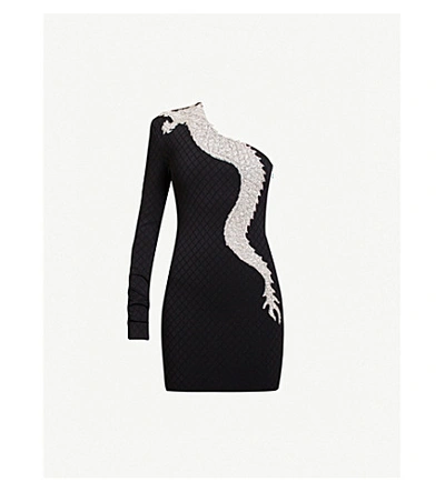 Shop Balmain One-shoulder Embellished-dragon Quilted Velvet Mini Dress In Black White