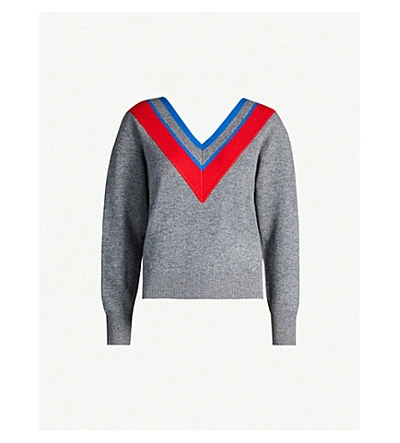 Shop Sandro Stripe-trimmed V-neck Knitted Jumper In Grey