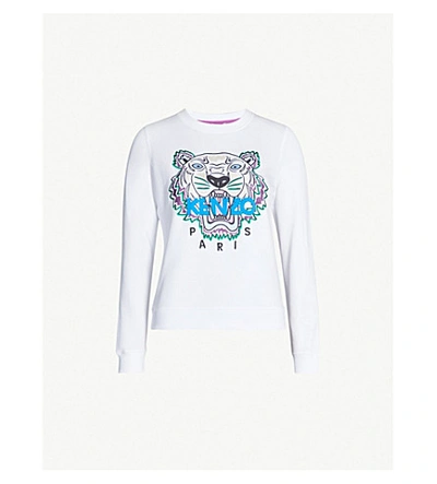 Shop Kenzo Tiger-embroidered Cotton-jersey Sweatshirt In White