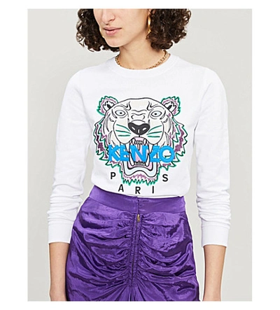 Shop Kenzo Tiger-embroidered Cotton-jersey Sweatshirt In White