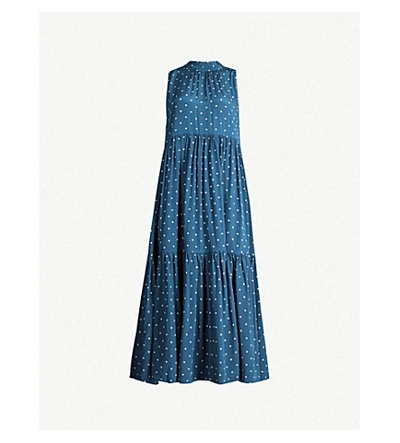 Shop Asceno High-neck Silk-crepe Midi Dress In Oasis Blue Polka