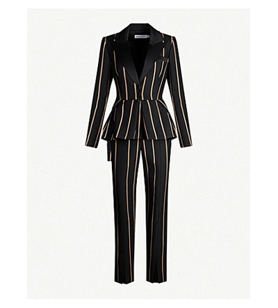Shop Self-portrait Striped Twill Jumpsuit In Black/ Beige