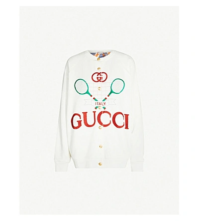 Shop Gucci Tennis Logo-embroidered Cotton-jersey And Silk Cardigan In Multi