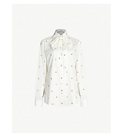 Shop Gucci Pussy-bow Cherry-print Cotton Shirt In Multi