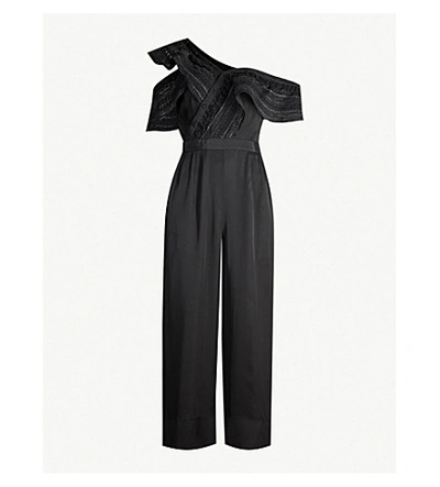 Shop Self-portrait Off-the-shoulder Lace-embroidered Crepe Jumpsuit In Black