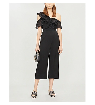 Shop Self-portrait Off-the-shoulder Lace-embroidered Crepe Jumpsuit In Black