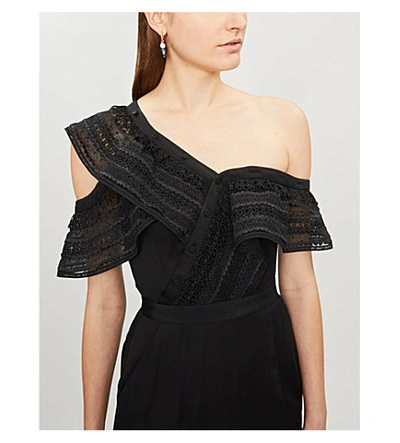 Shop Self-portrait Off-the-shoulder Lace-embroidered Crepe Jumpsuit In Black