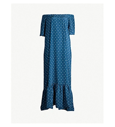 Shop Asceno Off-the-shoulder Silk-crepe Midi Dress In Oasis Blue Polka