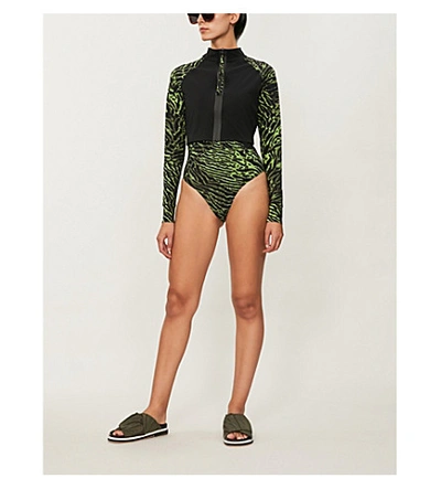 Shop Ganni Tiger-print Rashguard In Lime Tiger