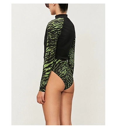 Shop Ganni Tiger-print Rashguard In Lime Tiger