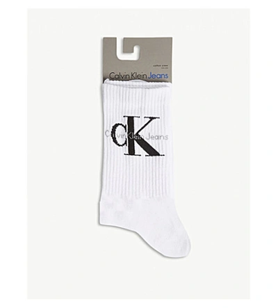 Shop Calvin Klein Logo Cotton-blend Socks In 10 White