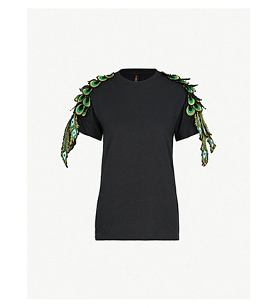 Shop Ragyard Peacock Appliqué Cotton T-shirt In Black