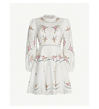 Shop Zimmermann Allia Floral And Lace Insert Linen And Cotton-blend Dress In Ivory