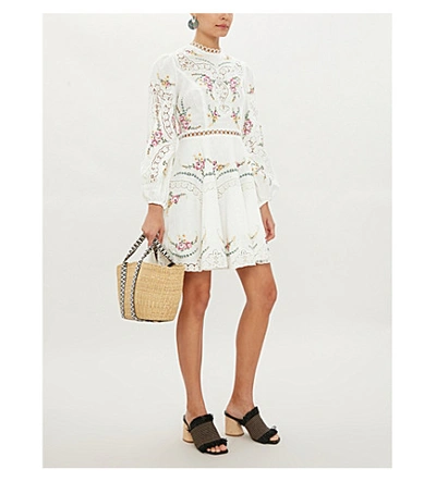 Shop Zimmermann Allia Floral And Lace Insert Linen And Cotton-blend Dress In Ivory