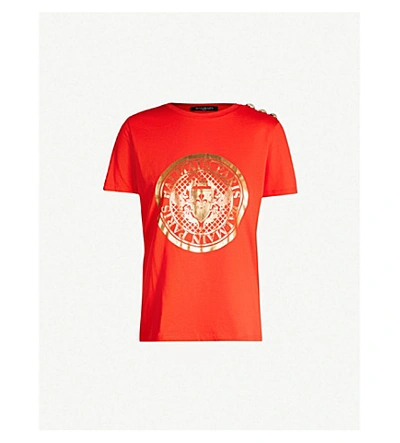 Shop Balmain Metallic Logo-print Cotton-jersey T-shirt In Red