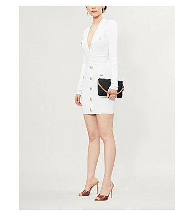 Shop Balmain V-neck Stretch-knit Mini Dress In White