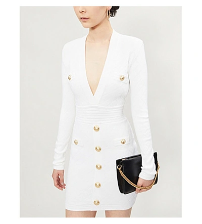 Shop Balmain V-neck Stretch-knit Mini Dress In White