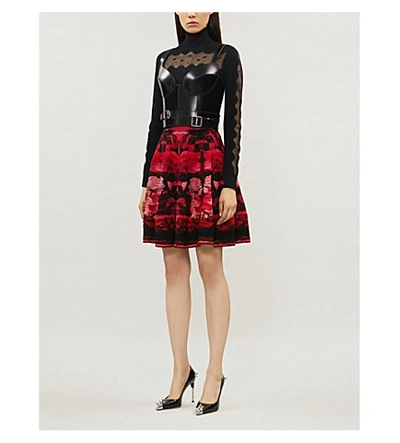 Shop Alexander Mcqueen Floral-embroideed Stretch-silk Mini Skirt In Red/pink/black