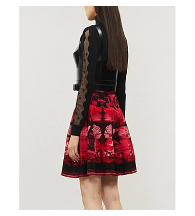 Shop Alexander Mcqueen Floral-embroideed Stretch-silk Mini Skirt In Red/pink/black