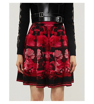 Shop Alexander Mcqueen Floral-embroideed Stretch-silk Mini Skirt In Red/pink/black