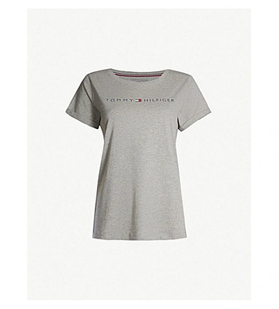 Shop Tommy Hilfiger Logo-print Cotton-blend Jersey T-shirt In 004 Grey Heather