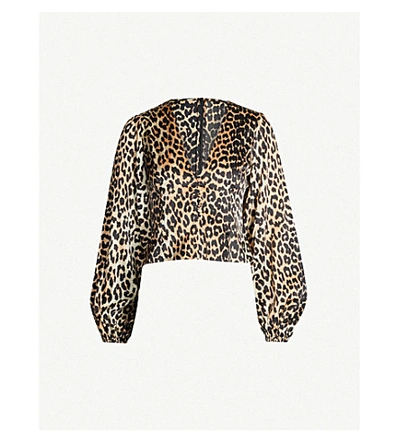 Shop Ganni V-neck Bishop-sleeve Tiger-print Stretch-silk Top In Leopard