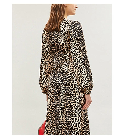 Shop Ganni V-neck Bishop-sleeve Tiger-print Stretch-silk Top In Leopard