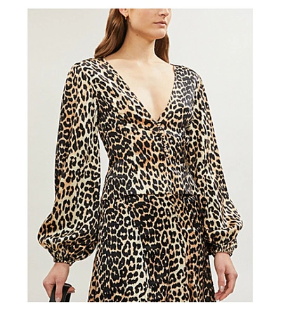 Shop Ganni V-neck Bishop-sleeve Tiger-print Stretch-silk Top In Leopard