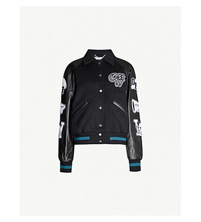 Shop Off-white Logo-patch Raglan-sleeved Leather And Wool-blend Jacket In Black White
