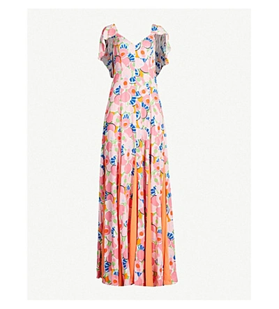 Shop Staud Fluted-sleeve Split-hem Abstract-print Crepe Maxi Dress In Abstract Peach