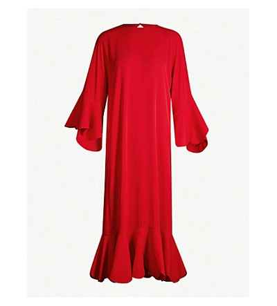 Shop Valentino Ruffled Silk-crepe Midi Dress In Red