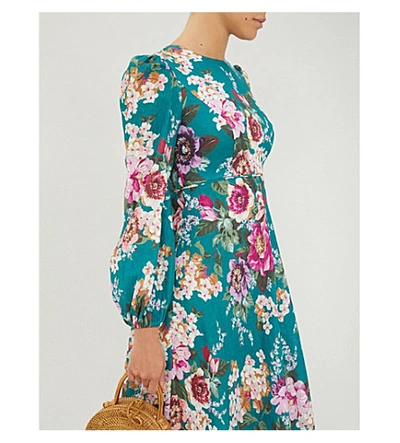 Shop Zimmermann Allia Floral-print Linen Dress In Emerald Floral