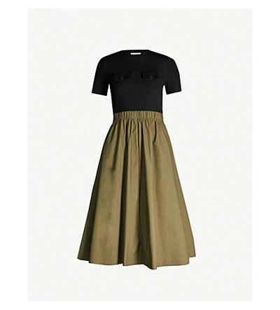 Shop Claudie Pierlot Two-tone Jersey And Cotton Midi-dress In Khaki