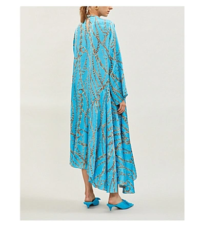 Shop Balenciaga Chain And Logo-pattern Silk Midi Dress In Blue