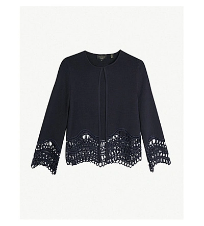 Shop Ted Baker Lace-trim Jersey Cardigan In Navy