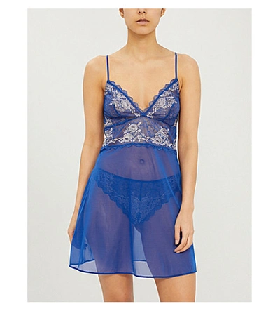Shop Wacoal Lace Perfection Stretch-lace And Mesh Chemise In Sapphire