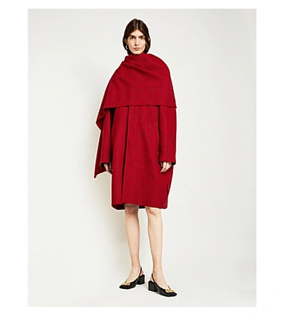 Shop Balenciaga Houndstooth Asymmetric Wool Coat In Red