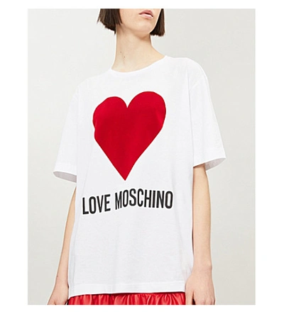 Shop Love Moschino Heart-print Cotton-jersey T-shirt In White