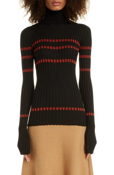 Shop Loewe Rib Silk Turtleneck Sweater In Black/ Red