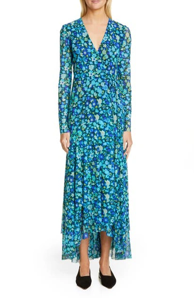 Ganni Floral Print Mesh Long Sleeve Maxi Wrap Dress In Blue | ModeSens