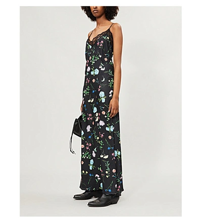 Shop Paper London Tuberose Lace-trimmed Floral-print Satin Maxi Dress In Floral Multi