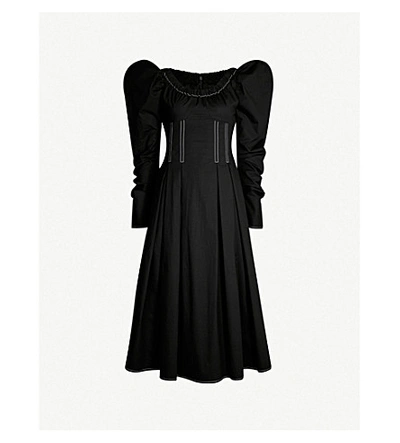 Shop Rejina Pyo Carla Puffed-sleeve Cotton-blend Midi Dress In Cotton Black