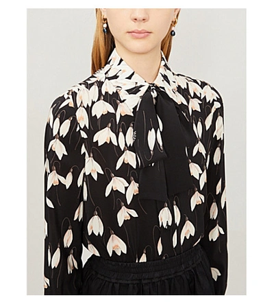 Shop Valentino Tied-neck Floral-print Silk-crepe Shirt In Black Multi