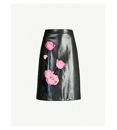 Shop Prada Floral-print Leather A-line Skirt In Iron